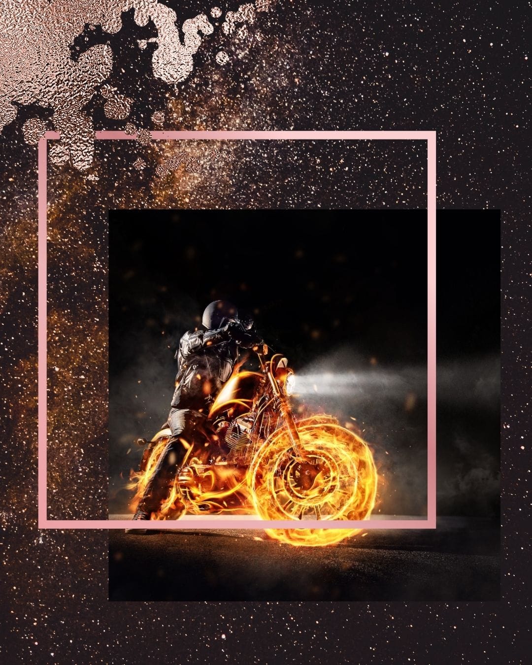 Motorcycle with flaming wheels at night on golden sparkle background, representing danger and intensity in romantic suspense