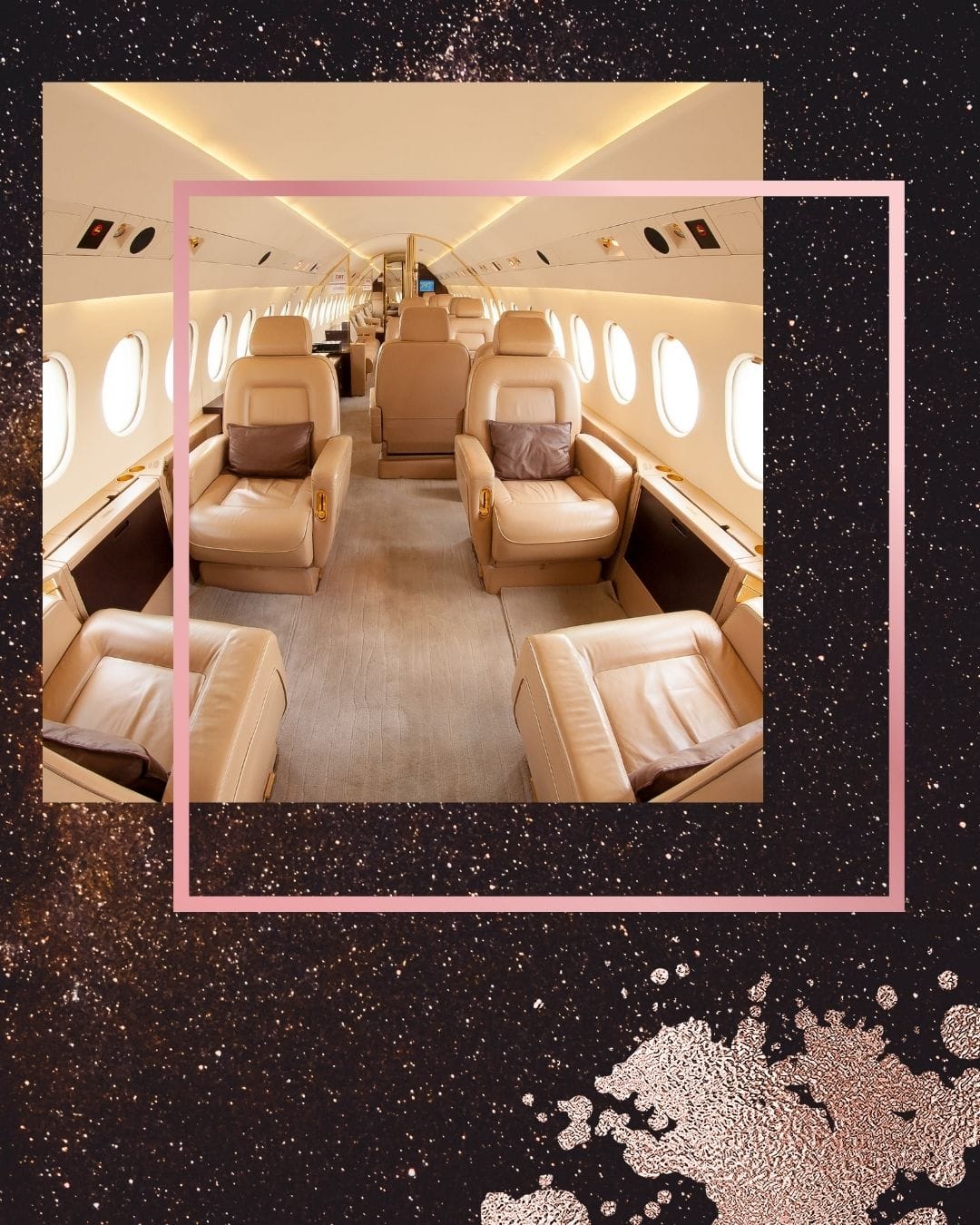 Luxurious private jet cabin with cream leather seats and soft lighting, representing women who own their own spaces