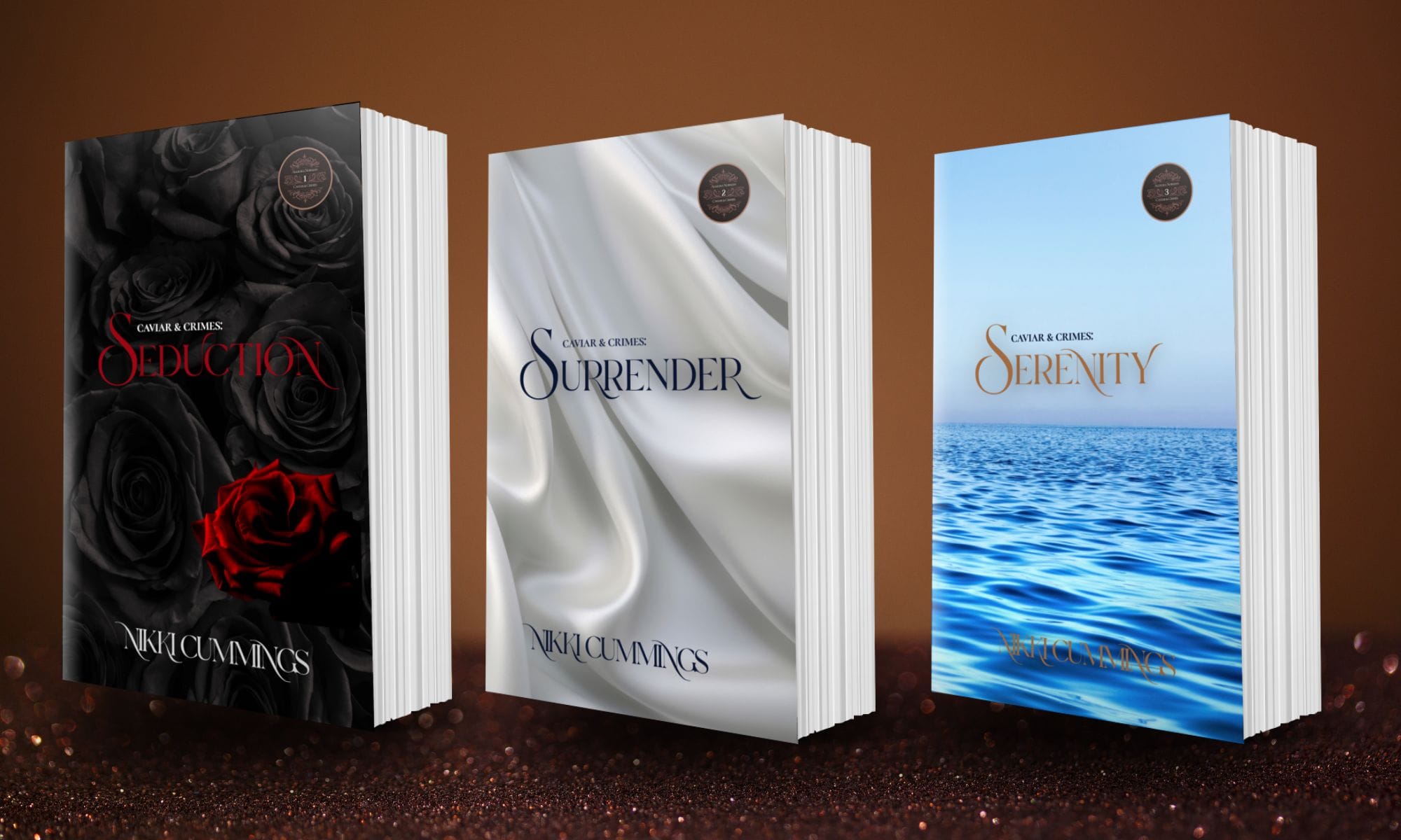 Three-book mockup of Allegra Norman series: Seduction, Surrender, and Serenity paperback covers displayed together