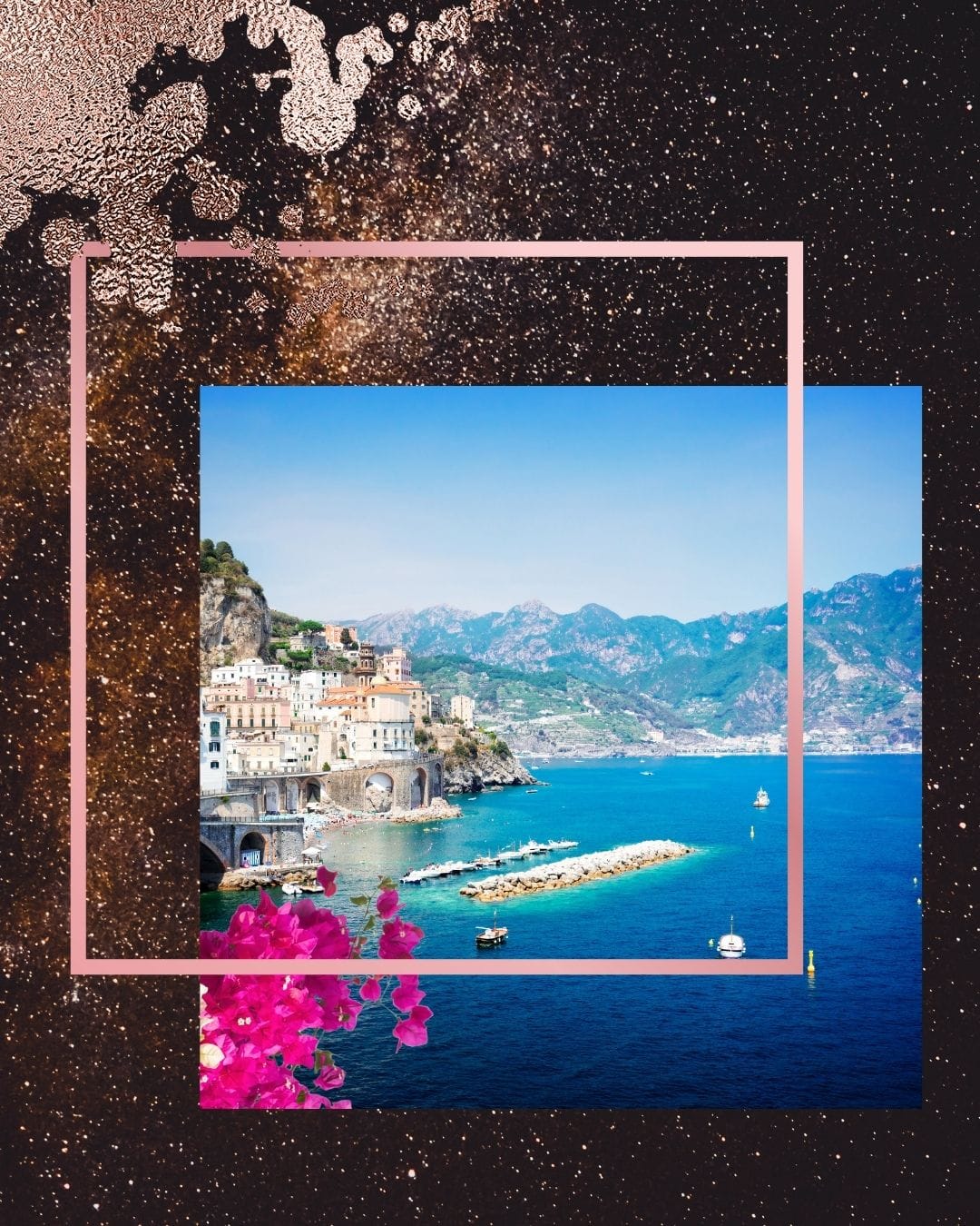 Aerial view of Amalfi Coast with turquoise waters and hillside villas, iconic luxury romance setting