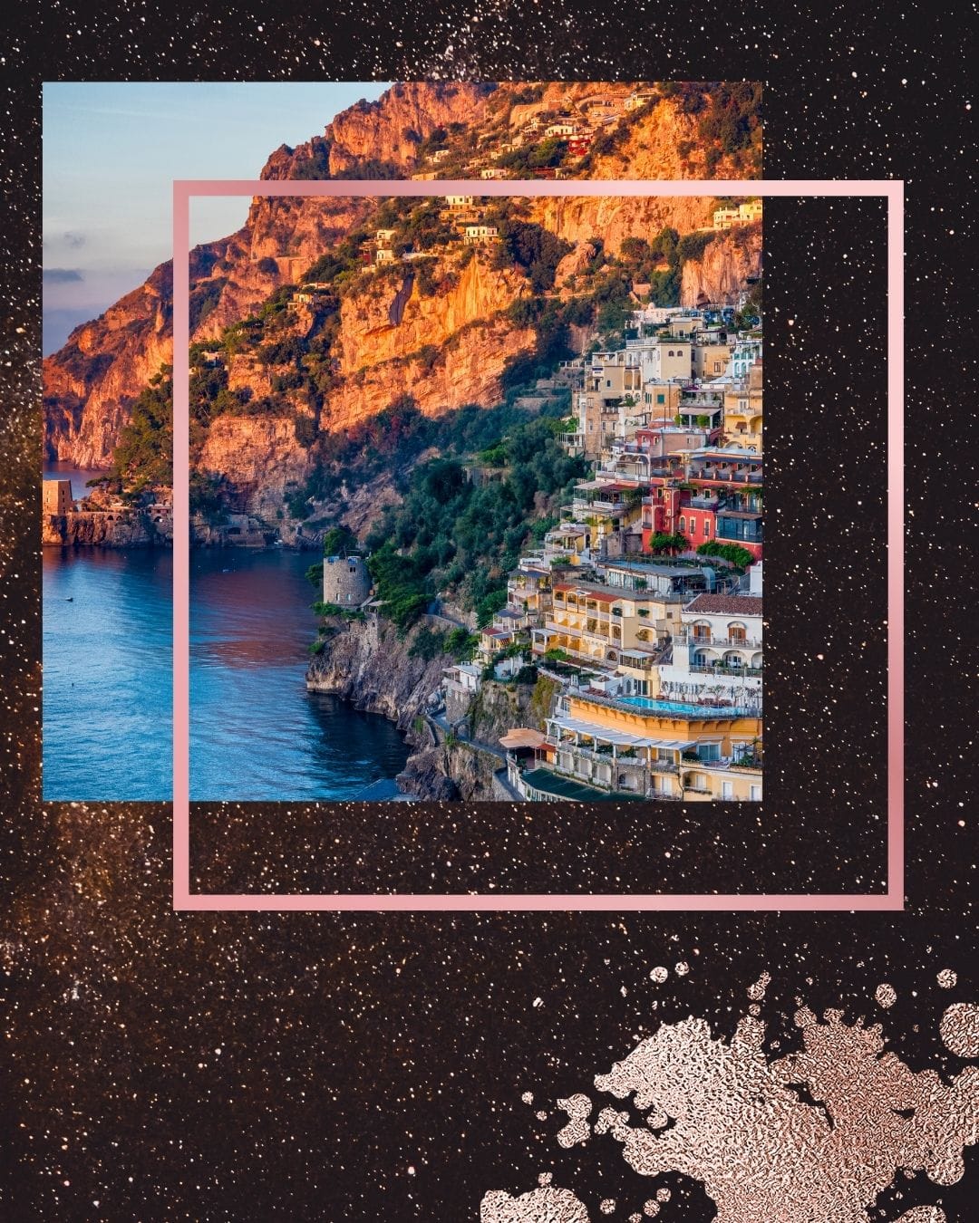 Stunning Amalfi Coast cliffside village overlooking turquoise waters, representing luxury romance settings
