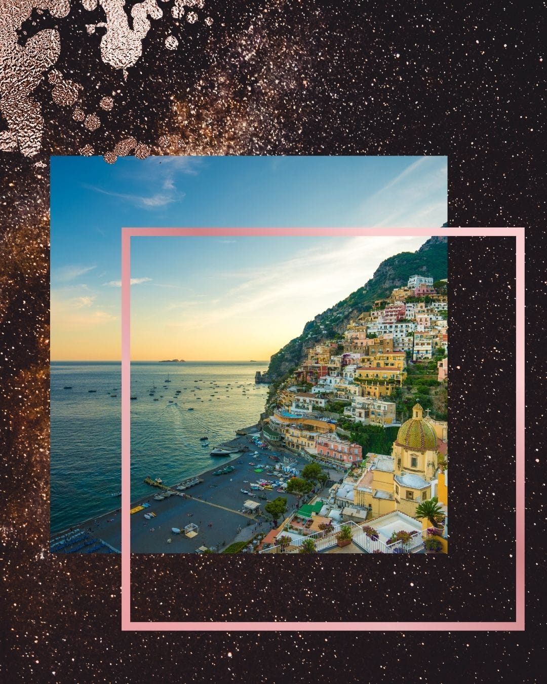 Amalfi Coast cliffside at golden hour sunset, iconic luxury romance destination that heightens emotional stakes