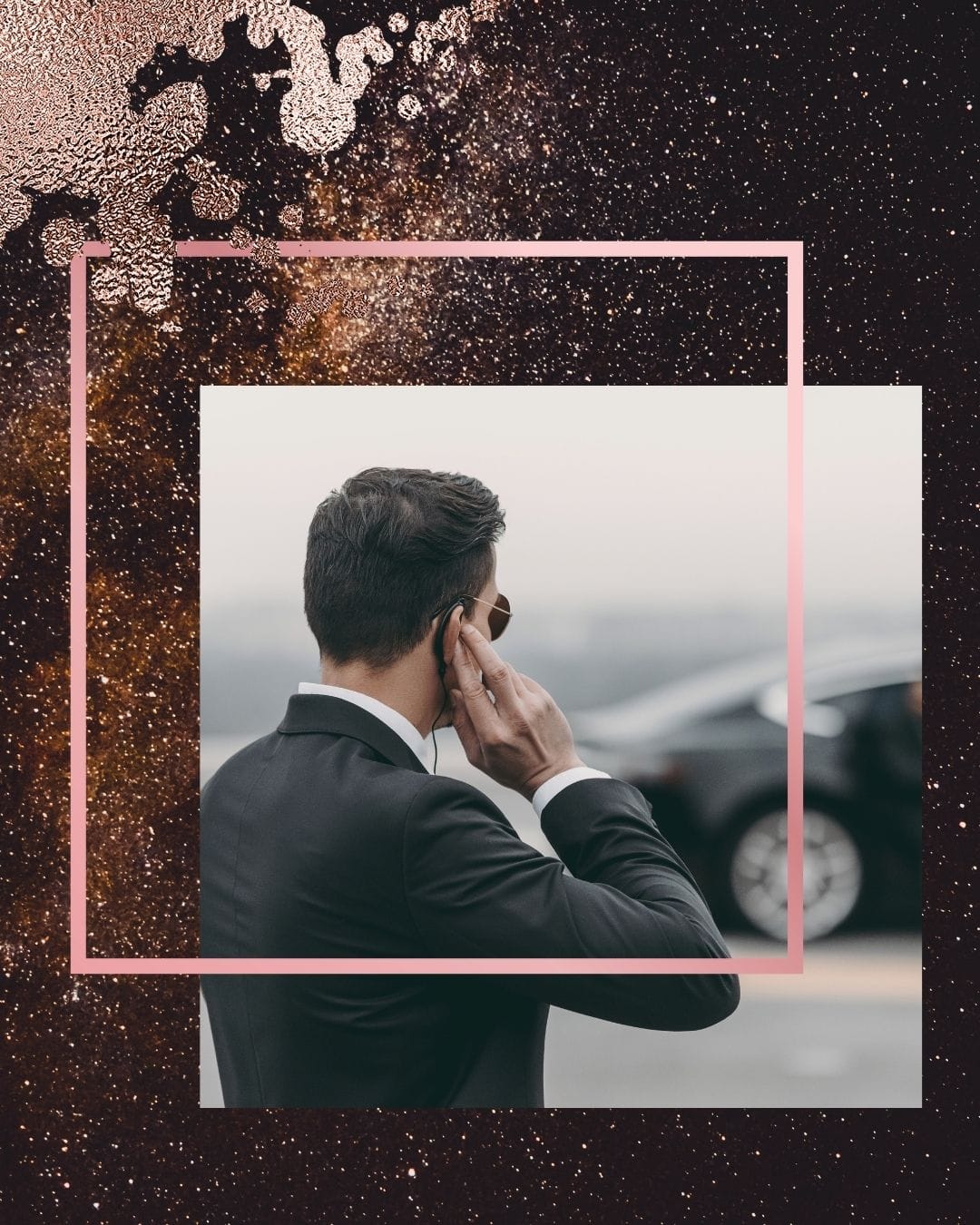 Man in dark suit with earpiece looking alert like secret service agent, embodying protective bodyguard character archetype