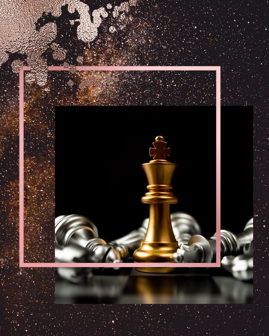 Golden chess piece standing among fallen silver pieces, representing strategic intelligence and dimensional strength