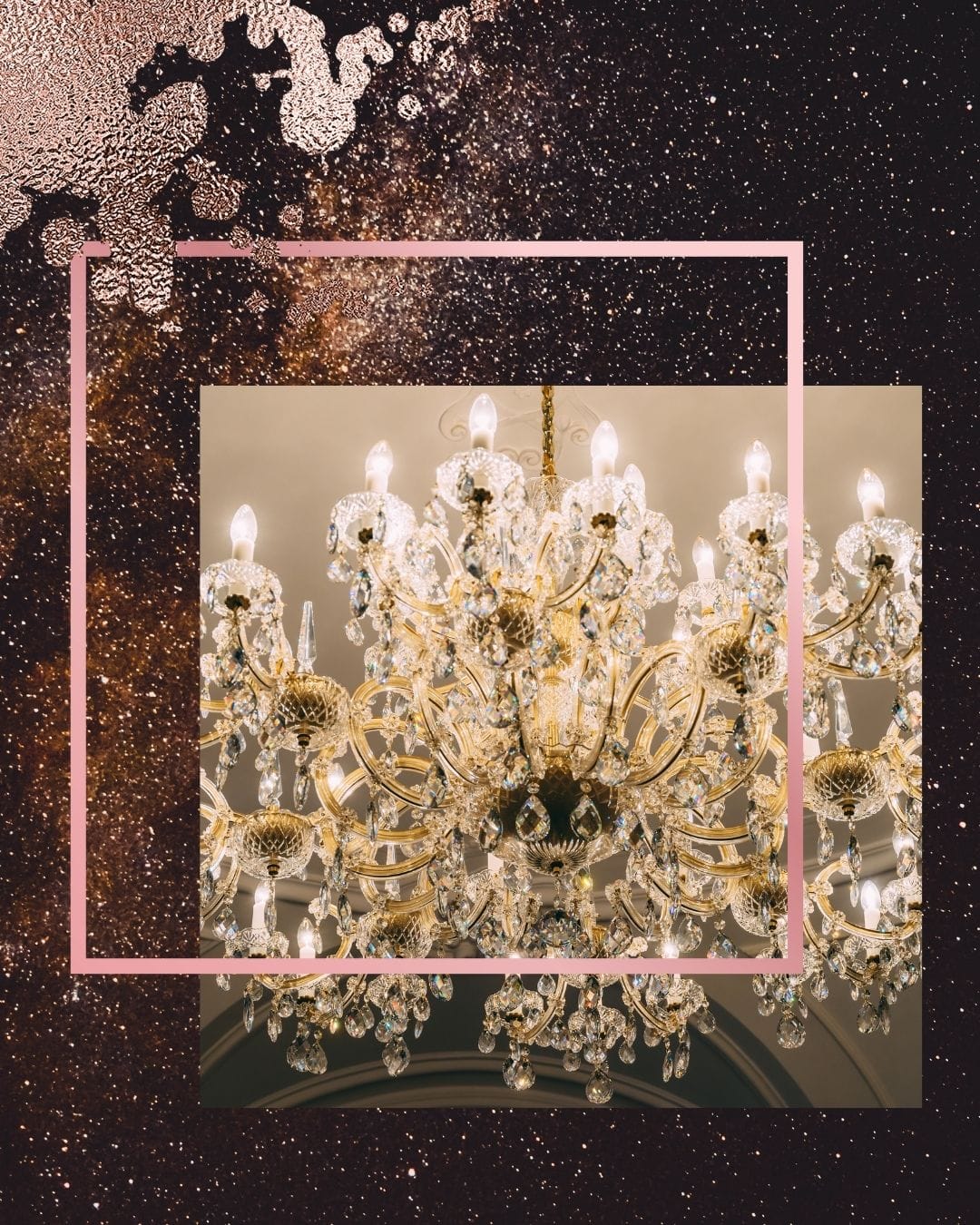 Elegant crystal chandelier bathed in golden light against dark background, embodying luxury and opulence in romance settings