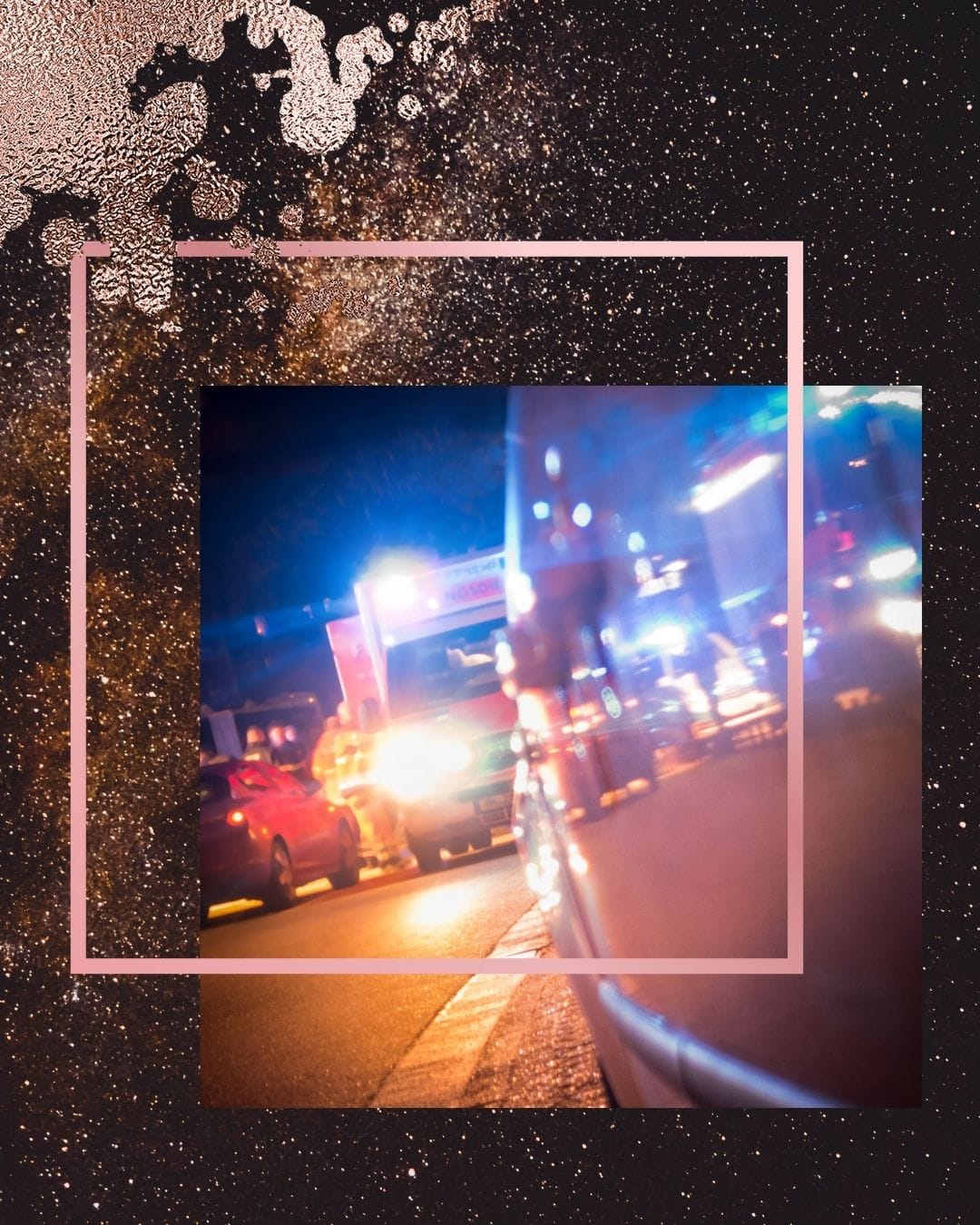 Blurred ambulance and police lights at night creating urgency and tension, representing danger in romantic suspense