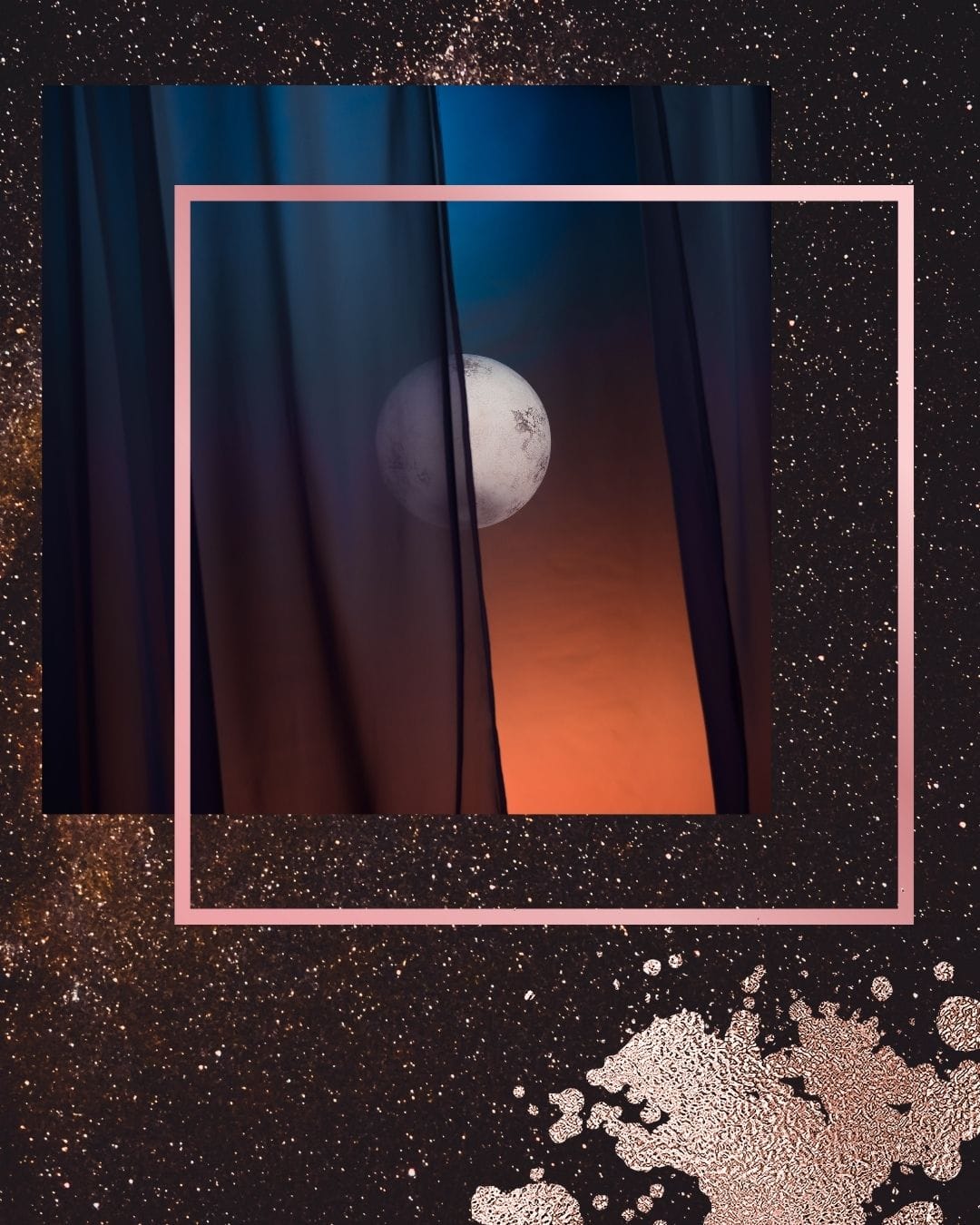Full moon visible through window at dusk with golden sparkle overlay, creating mystical romantic atmosphere"