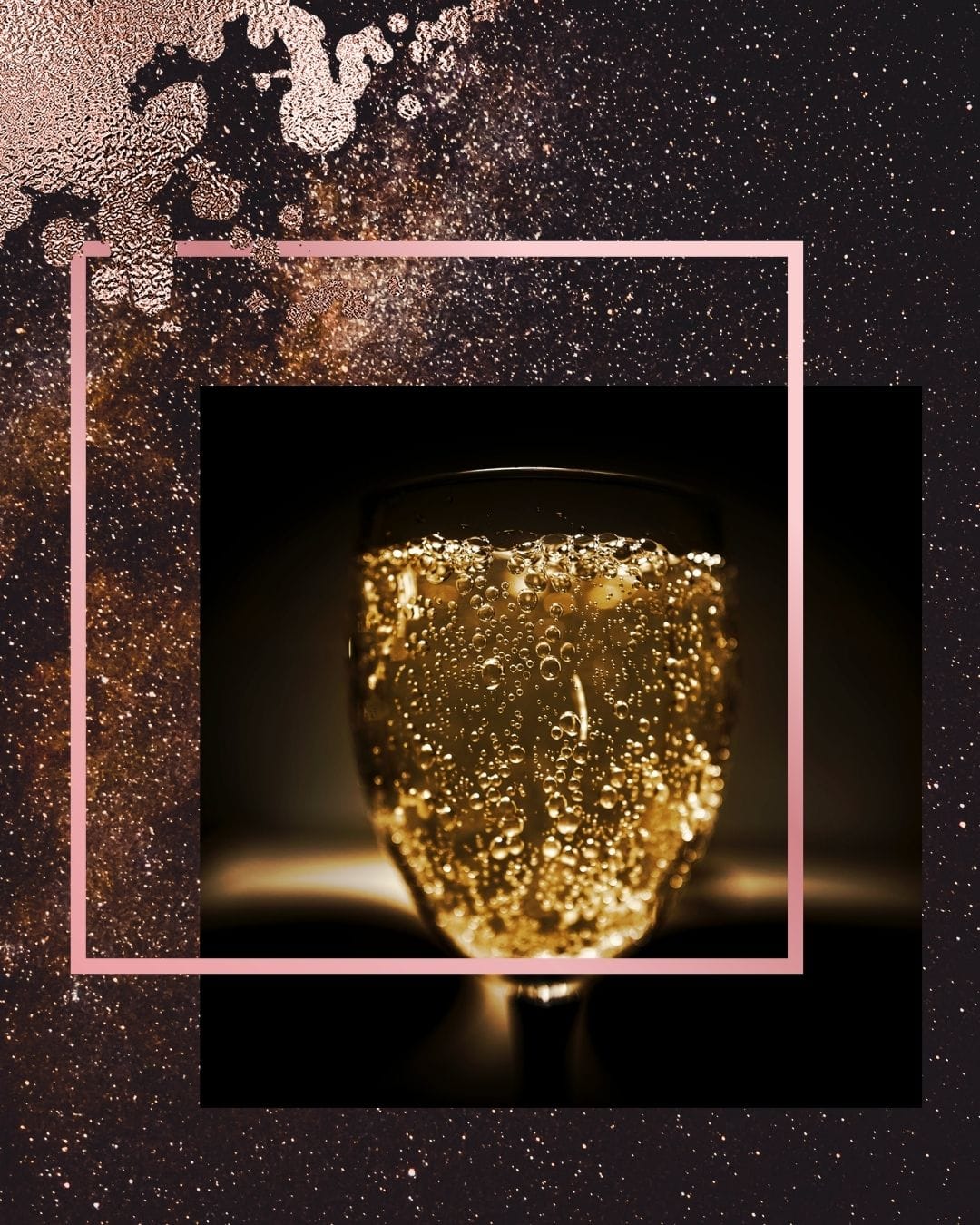 Elegant golden champagne coupe on black background with sparkle overlay, representing sophisticated indulgence