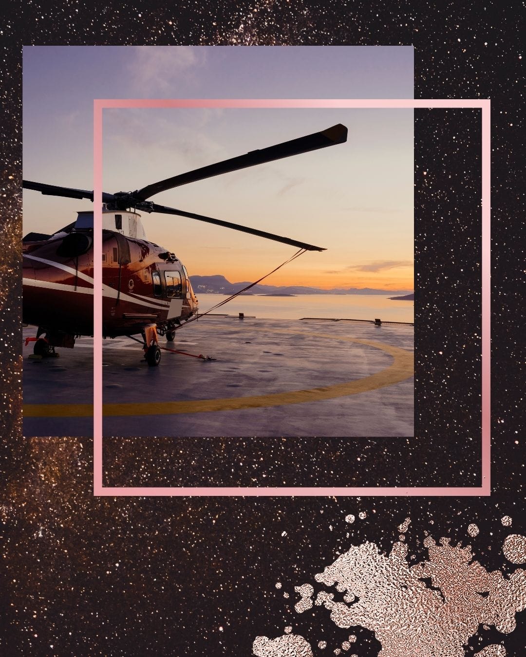 Luxury helicopter on helipad at golden hour sunset with pink and orange sky, representing high-stakes luxury travel