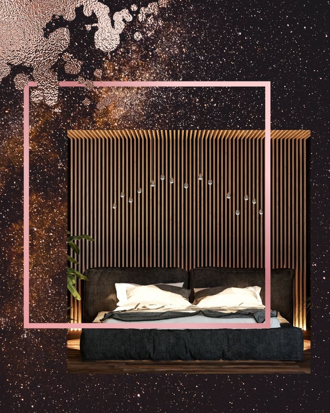 Modern luxury bedroom with gold accents and dramatic lighting, evoking intimate romance scenes