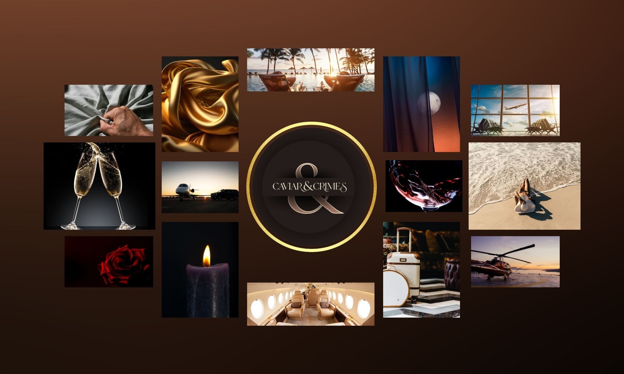 Mood board featuring champagne, luxury accessories, and elegant Caviar & Crimes branding elements