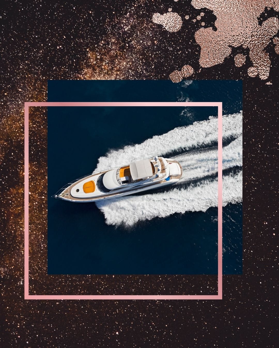 Aerial view of white luxury yacht on deep blue water with golden sparkle overlay, representing opulent escape