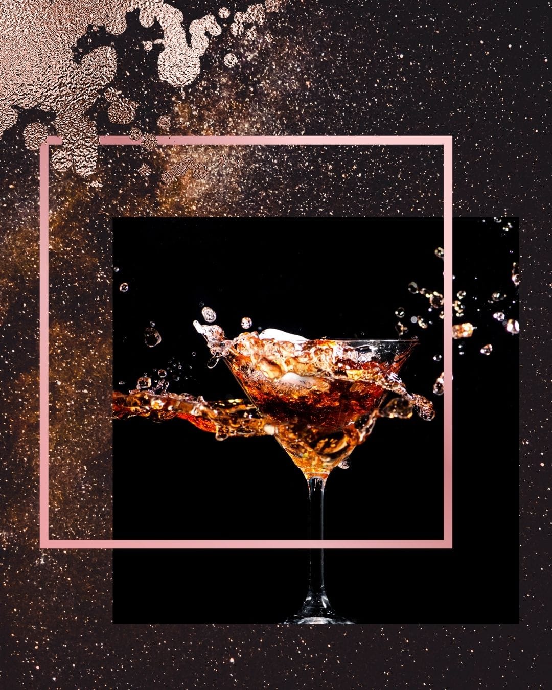 Golden martini splashing dramatically against black background with sparkle overlay, capturing sophisticated indulgence