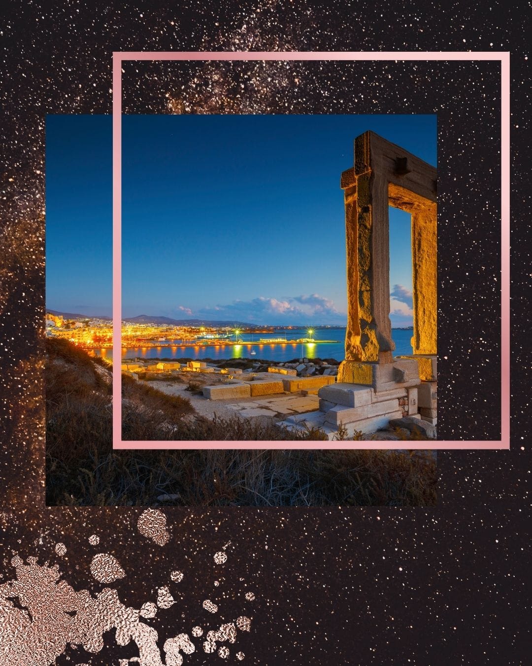 Ancient stone gateway ruins in Naxos, Greece against brilliant blue sky, symbolizing timeless romance and Mediterranean luxury