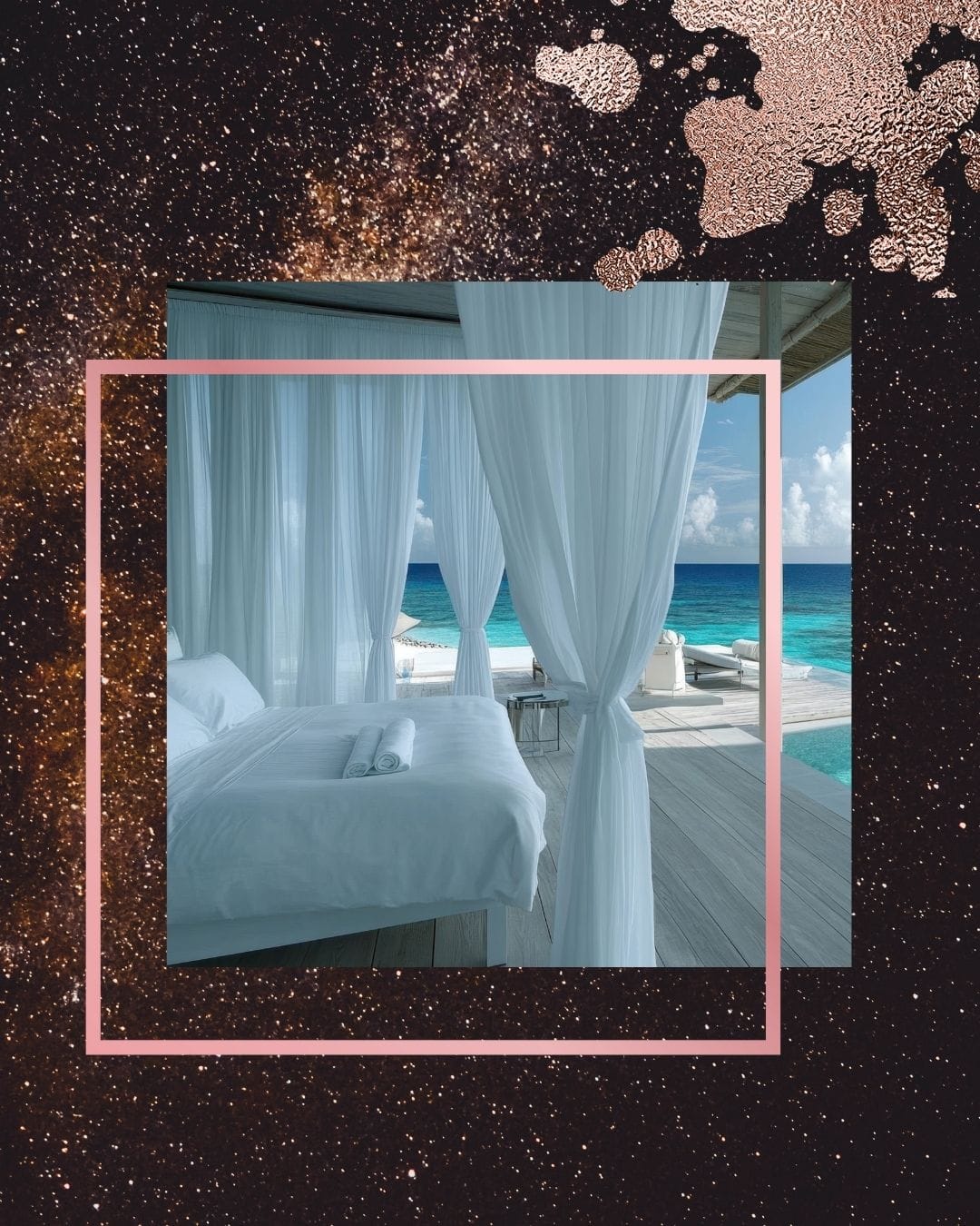 Serene bedroom with sheer curtains and ocean view, representing escapism and fantasy in romance