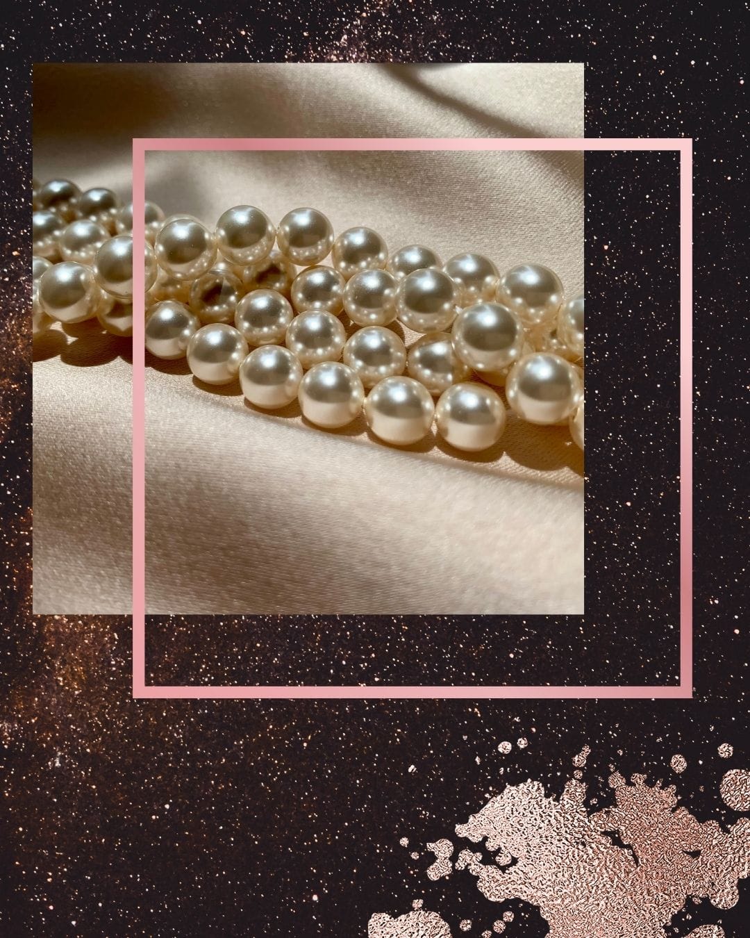 Strands of elegant pearls on cream silk with golden sparkle overlay, representing refined luxury and sophistication