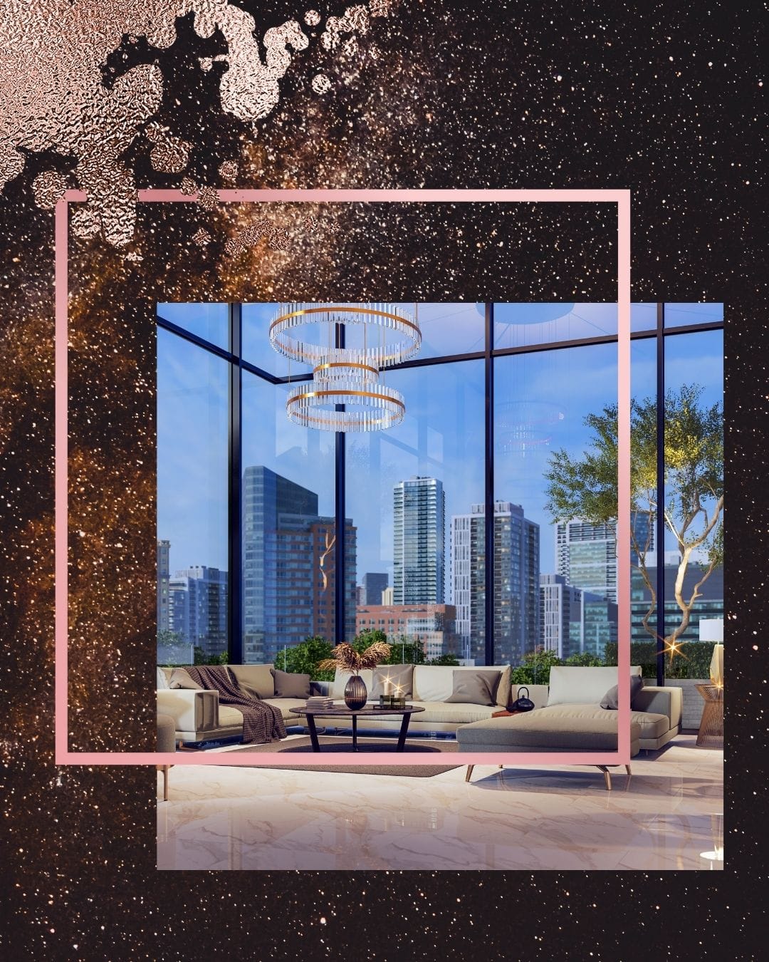 Modern penthouse with floor-to-ceiling windows overlooking city skyline, embodying high-stakes luxury lifestyle