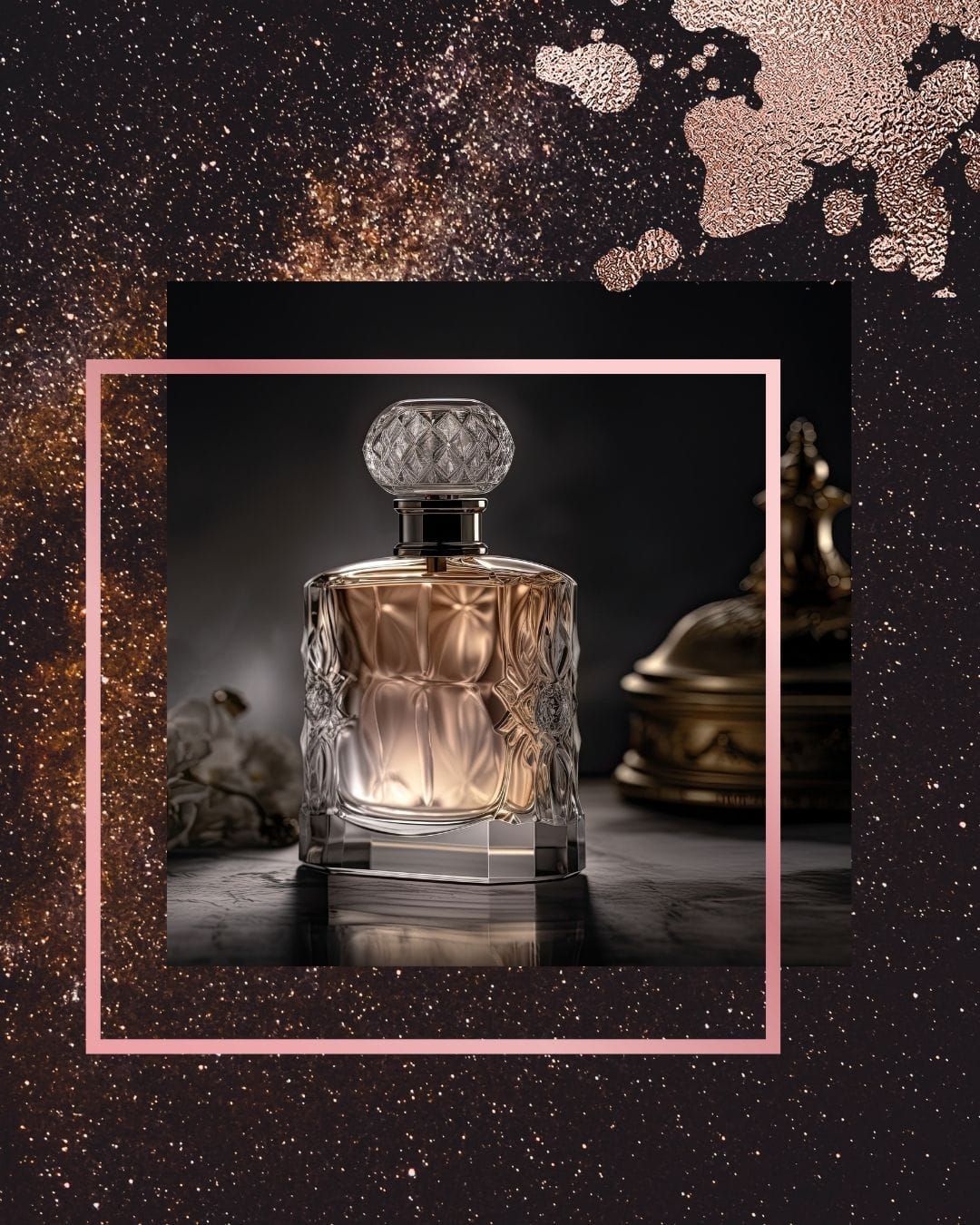 Ornate perfume bottle in dramatic dark lighting with smoke, creating moody psychological tension