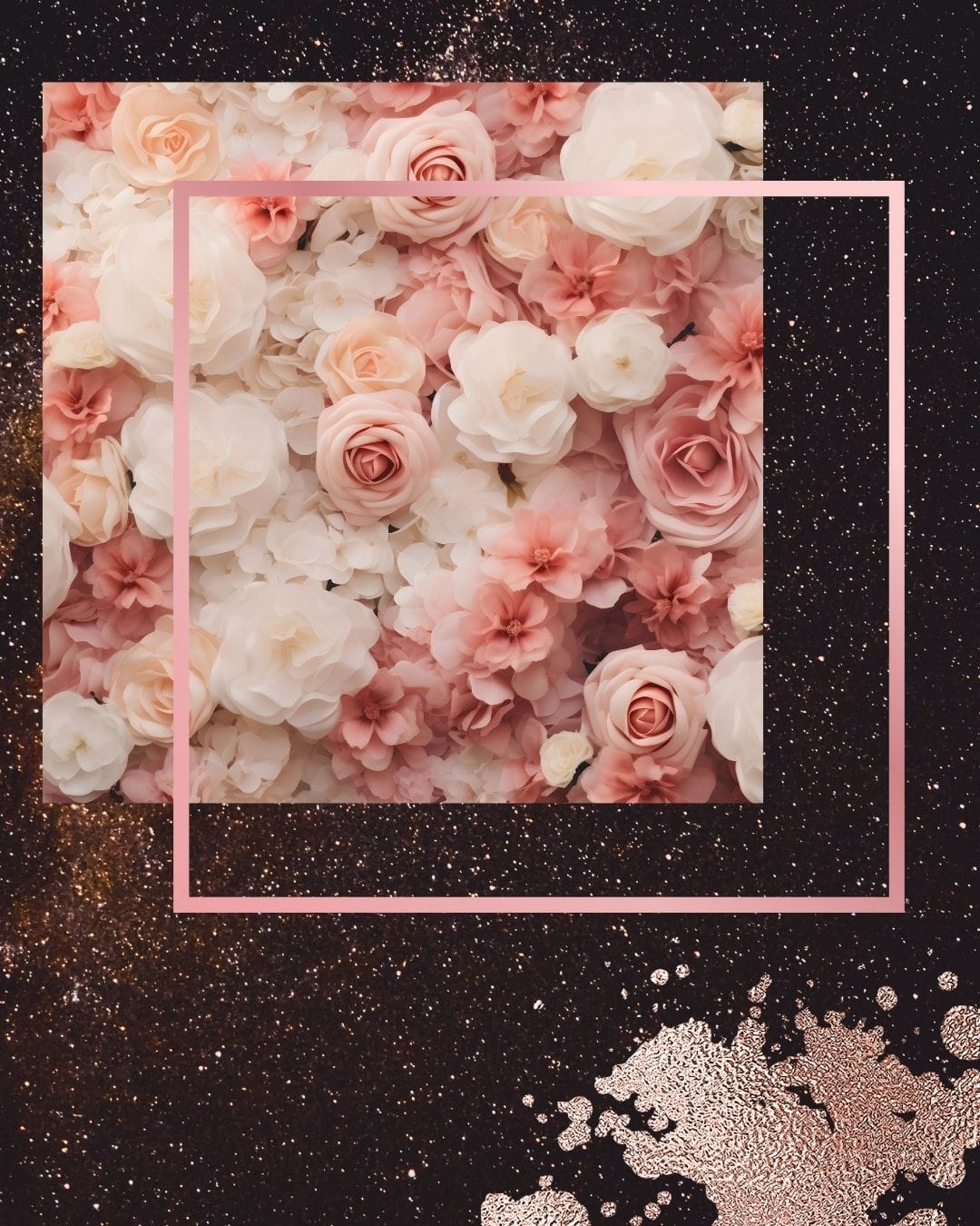 Soft pink roses with vintage aesthetic and golden sparkle overlay, representing romantic tension and desire