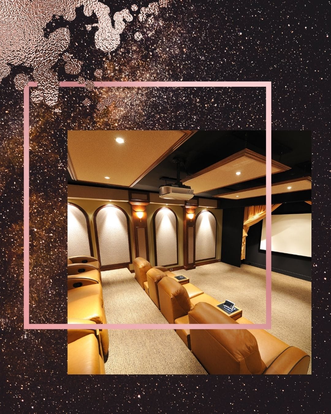 Lavish private home theater with cream leather recliners and warm lighting, perfect for immersive reading experience