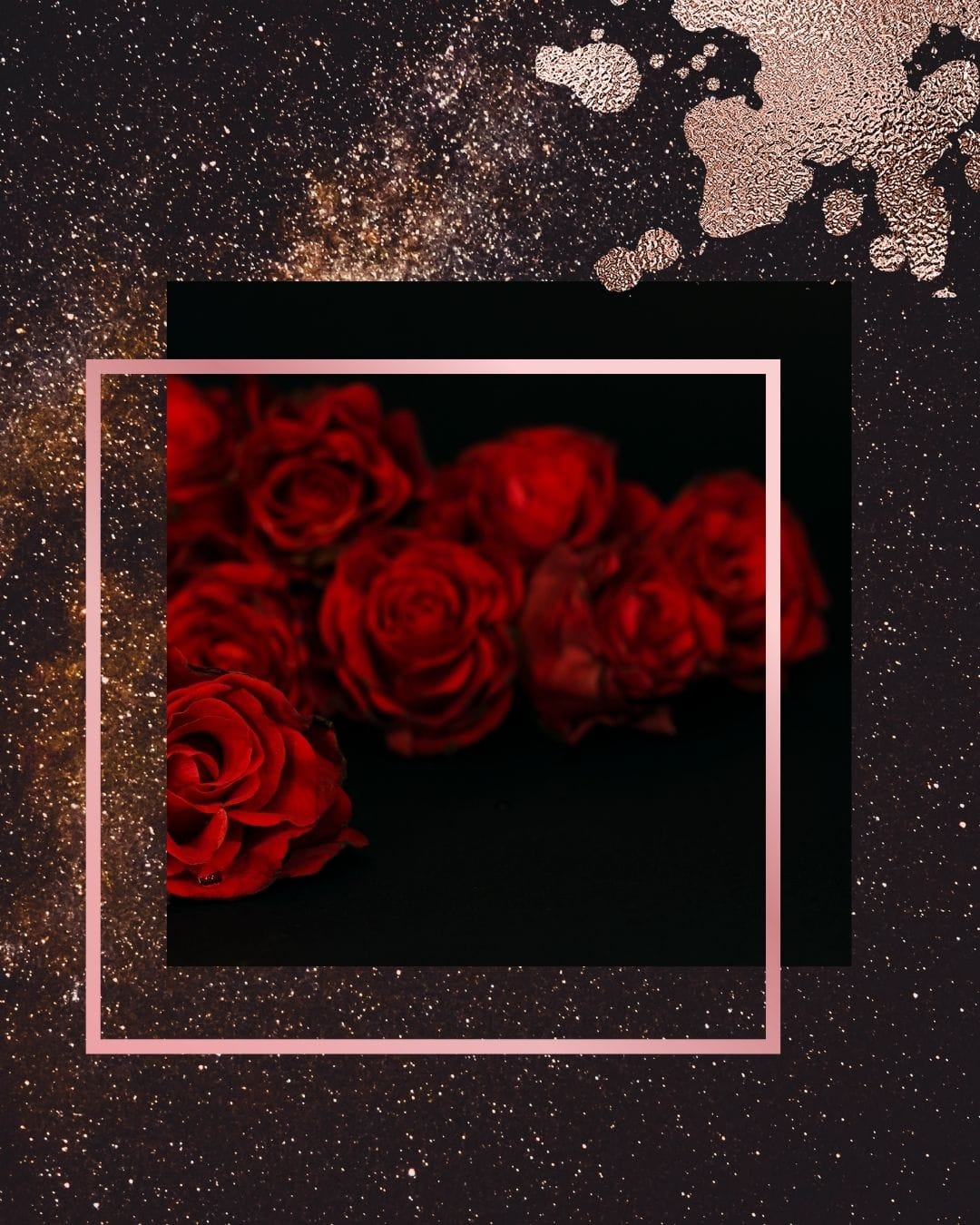 Deep red roses against black background with sparkle overlay, representing emotional depth and passion