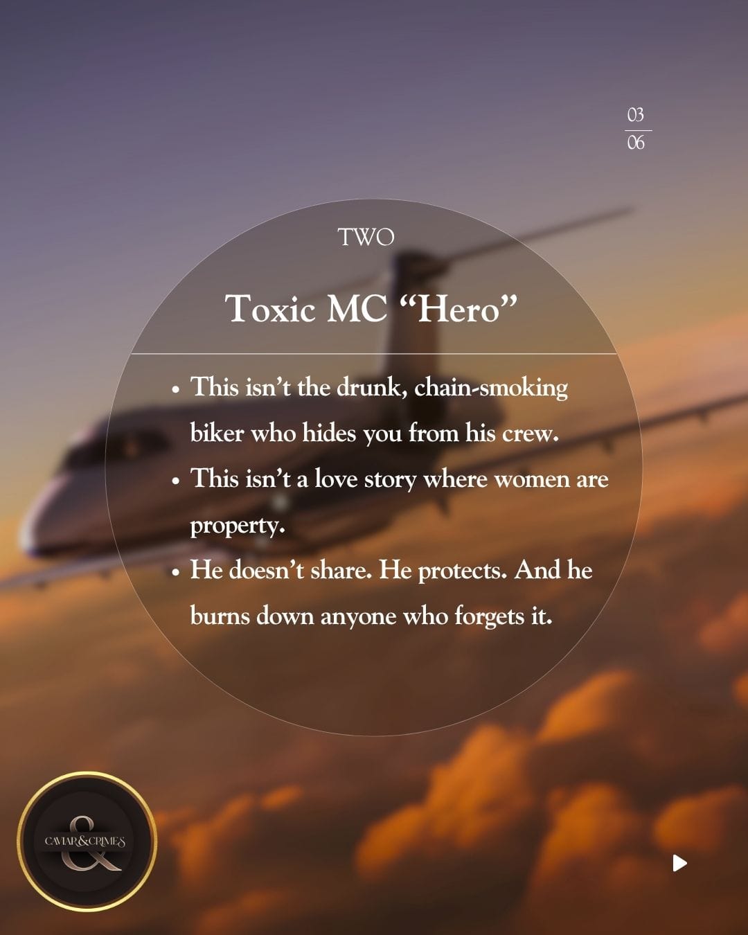Private jet sunset with dramatic clouds, text: TWO, Toxic MC 'Hero', explaining this isn't the drunk chain-smoking joker who kicks doors down