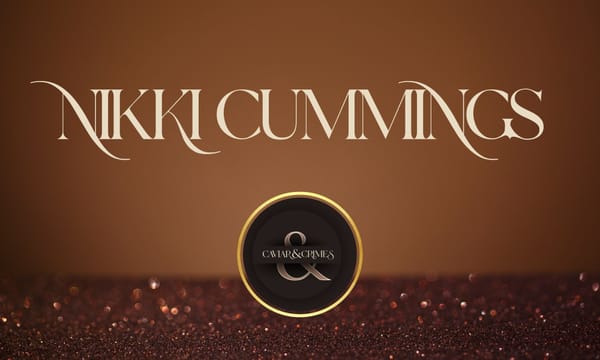 Nikki Cummings author name with Caviar & Crimes logo on warm bronze background with gold accents